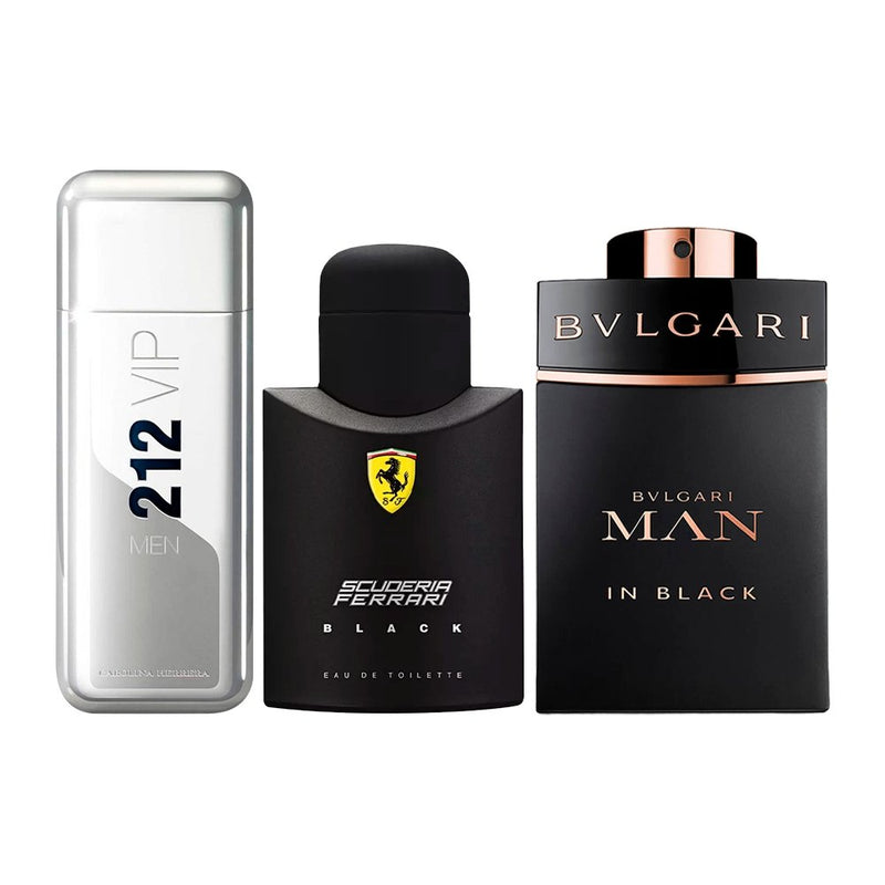 Combo de 3 Perfumes Masculinos - 212 VIP, Ferrari Black e Bvlgari In Black