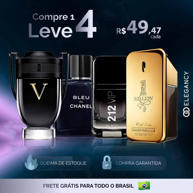 Kit 4 Perfumes Masculinos Importados (50ml) - 1 million | 212 black | Invictus V| Bleu